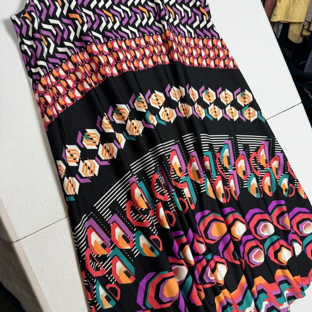 New Directions Womens Geometric Print Sleeveless Swing Dress Black Multi Medium
